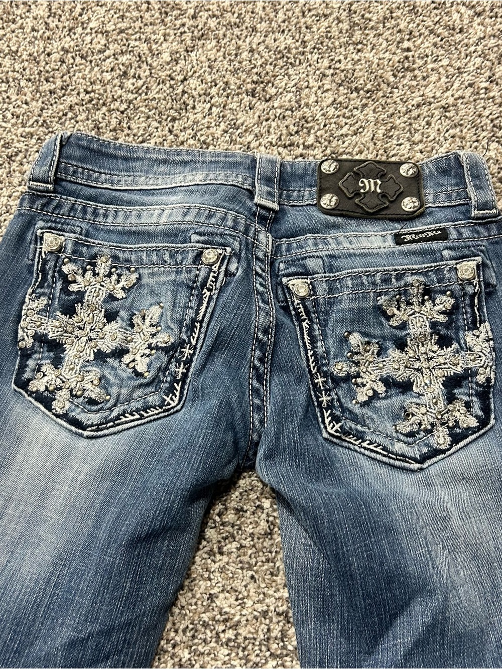 Miss Me Womens Y2K Boot Bootcut Low Rise Jeans Sz 28 Cross Pocket Western Bling